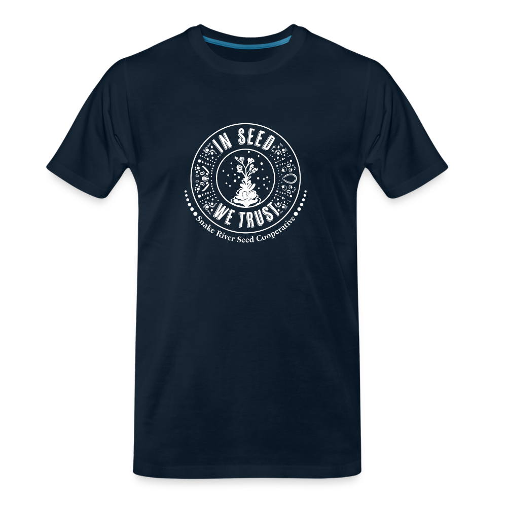 
            
                Load image into Gallery viewer, &amp;quot;In Seed We Trust&amp;quot; Organic T-Shirt - White Logo - deep navy
            
        